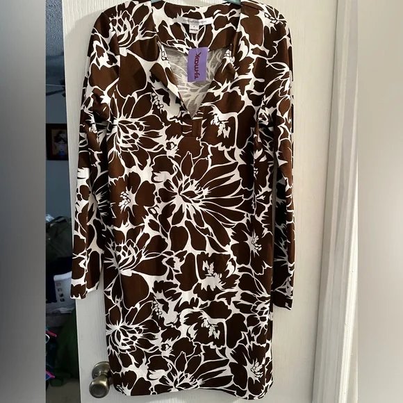 NWT Diane Von Furstenberg Reina Brown & White Floral Dress- Size 8 - Picture 1 of 10
